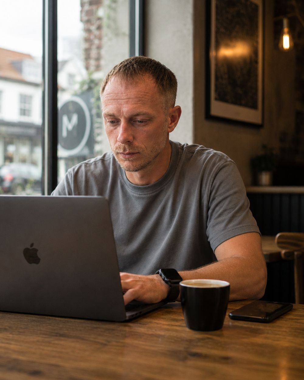 Jase Gill working on a client website in a Leamington Spa café